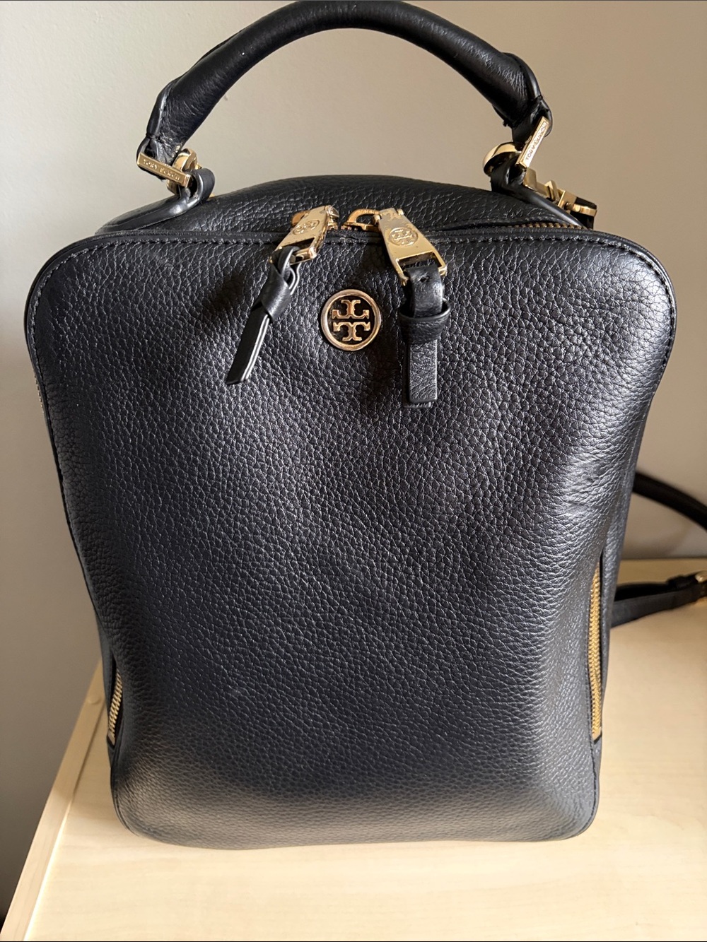 Tory Burch Black Pebbled Leather Backpack with Gold Hardware